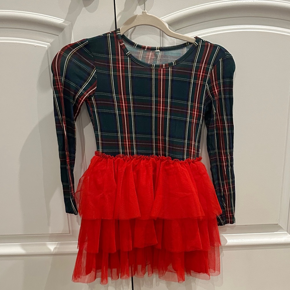 Posh Peanut Girls Dress Plaid Top with Red Tulle Tiered Skirt